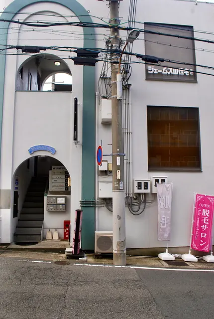 アーチ形の入口と、ジェームス山住宅の看板のある白いビル
