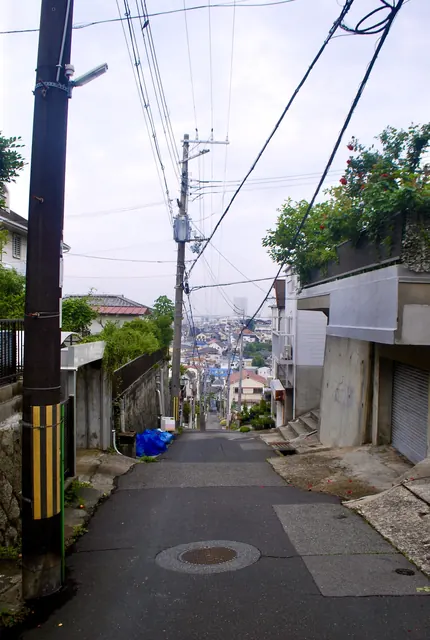 家々のあいだを、遠くの町並みへまっすぐ下る急な坂道