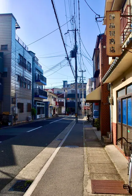 古い縦型の看板が突き出た、電線の多い通り