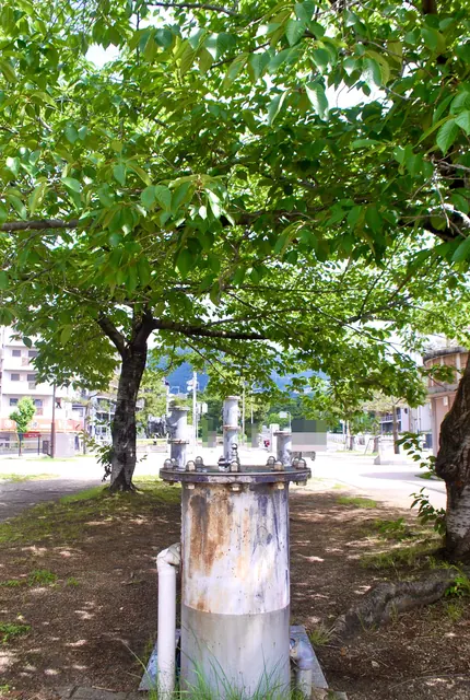 大きな木の陰に、古い給水設備が残る公園の一角