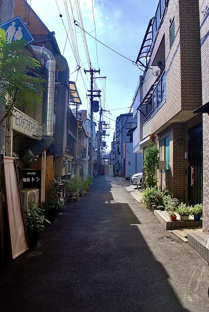 電柱と電線が奥へ続く、植木の並ぶ細い路地