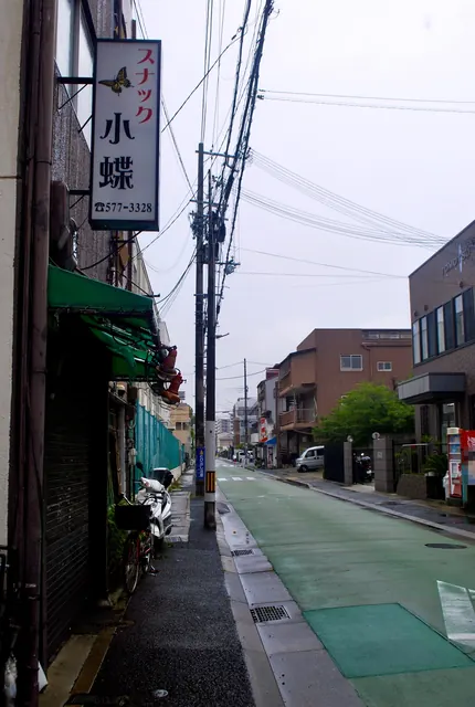 緑の日よけに銅のやかんが吊るされた、古い店の並ぶ通り