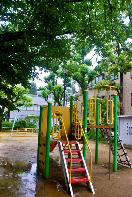 大きな木の下に、緑と黄色の遊具がある公園