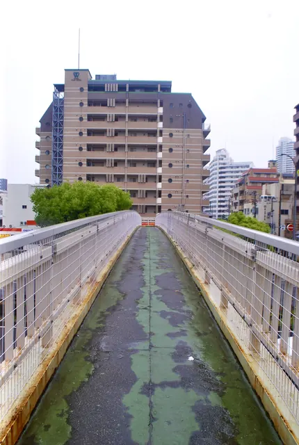 白い柵に沿って続く、歩道橋の上の通路