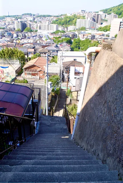 高い壁に沿って下る石段の先に、町並みと山が広がる風景