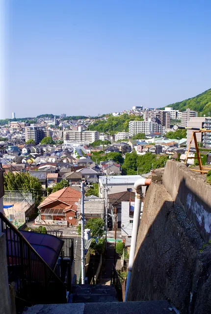高台から、家々の屋根と緑の山並みを見渡す風景