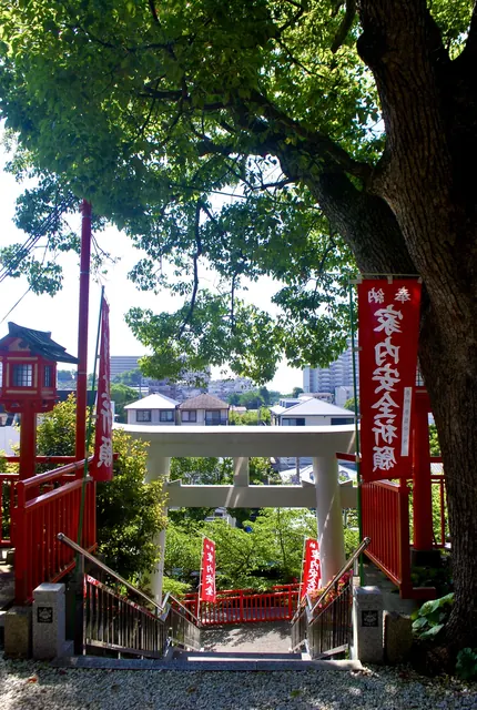 木々に囲まれた境内から、鳥居と町並みを見る風景