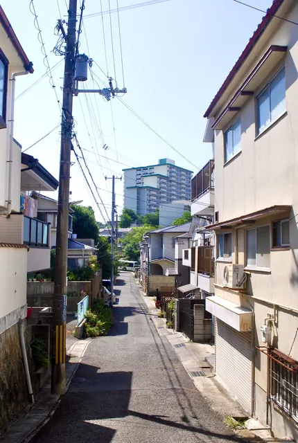 電柱と家々の並ぶ通りの先に、団地が見える風景