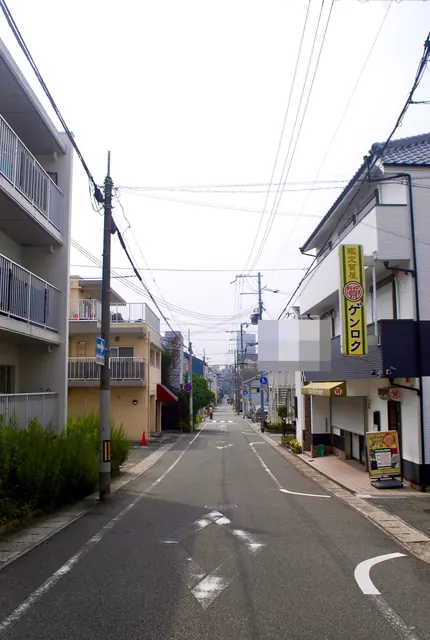 黄色い「質屋」の看板と電柱の並ぶ、まっすぐな住宅街の道