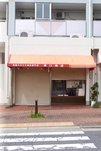 「高級スタミナ食品専門店」の日よけがかかる、角の小さな食品店