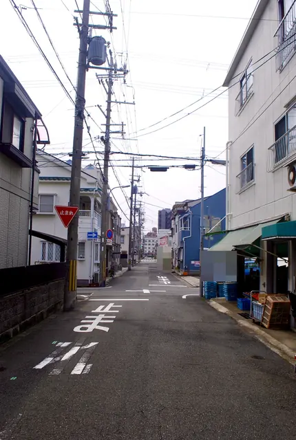 緑の日よけとコンテナの並ぶ店先と、住宅街の交差点