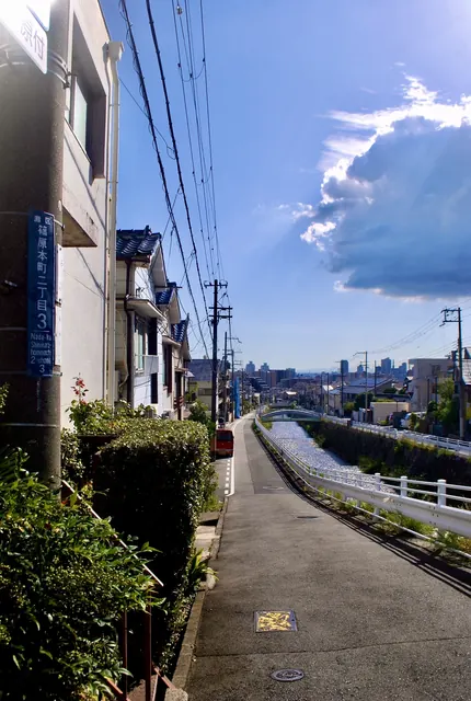 町名表示のある電柱の脇から、川沿いに街並みの方へ続く道