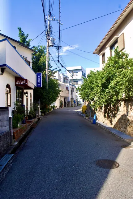 縦長の看板の美容室と石垣のあいだを、奥へ続く通り