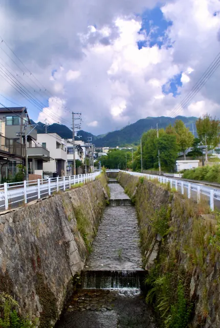 石積みの護岸に挟まれた川の先に、緑の山が見える風景