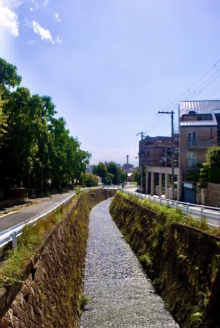 石積みの護岸のあいだを、ゆるやかにカーブしていく水路