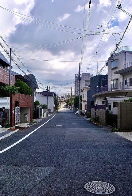 雲の多い空に電線が広がる、住宅の並ぶ通り