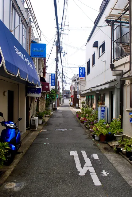 スナックや喫茶の看板と、花の鉢植えが並ぶ細い路地