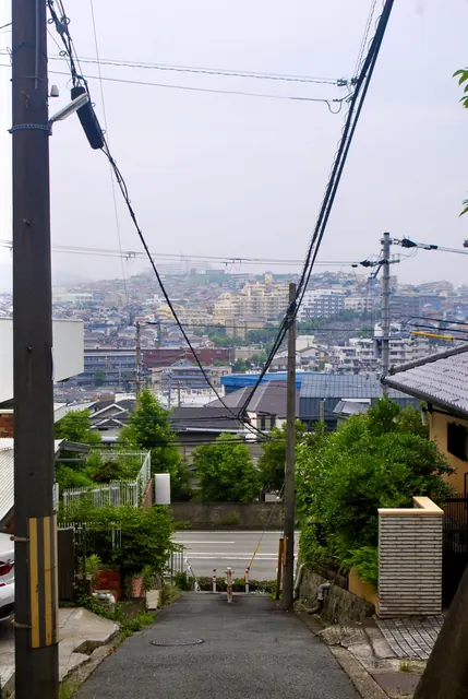 電柱の立つ坂の上から、丘一面に広がる家並みを見下ろす風景