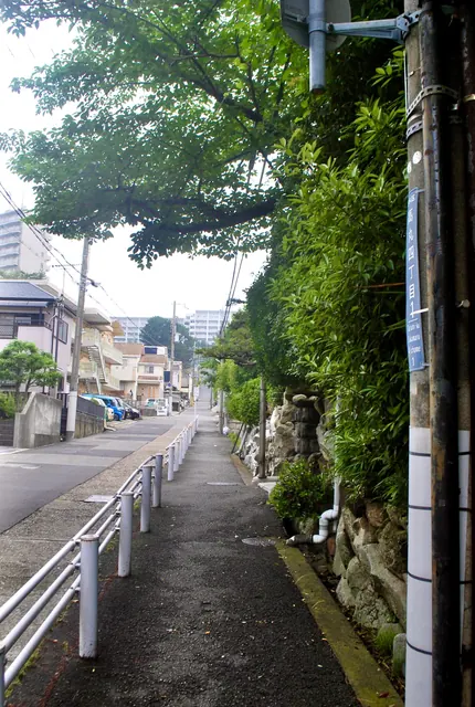 白い手すりに沿って、マンションの見える方へ上る坂道の歩道