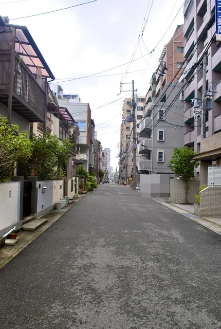 家々とマンションのあいだを、遠くまでまっすぐ続く道