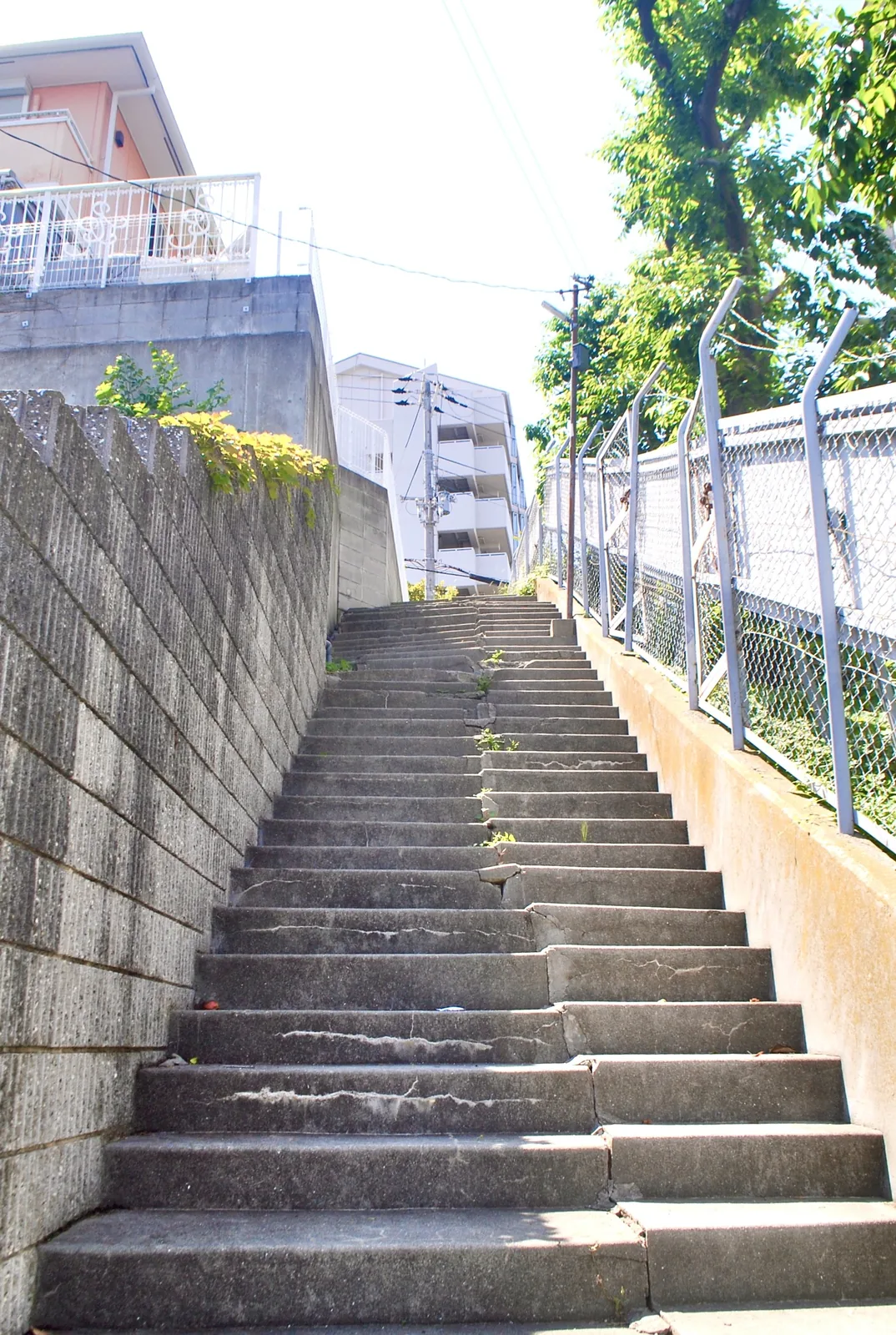 ブロック塀とフェンスのあいだを上っていく長い階段