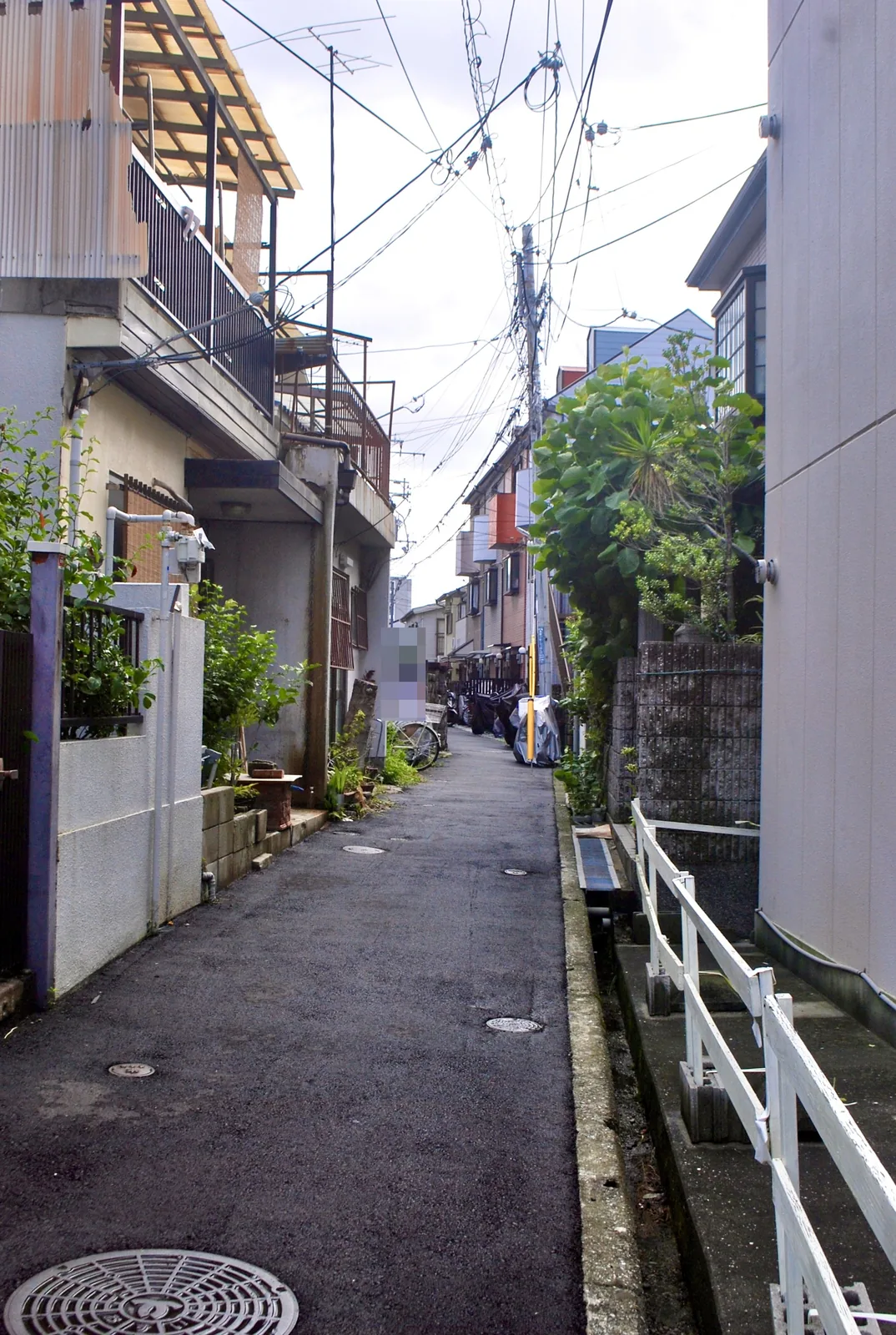 白い柵と家々のあいだを、奥へまっすぐ続く細い路地