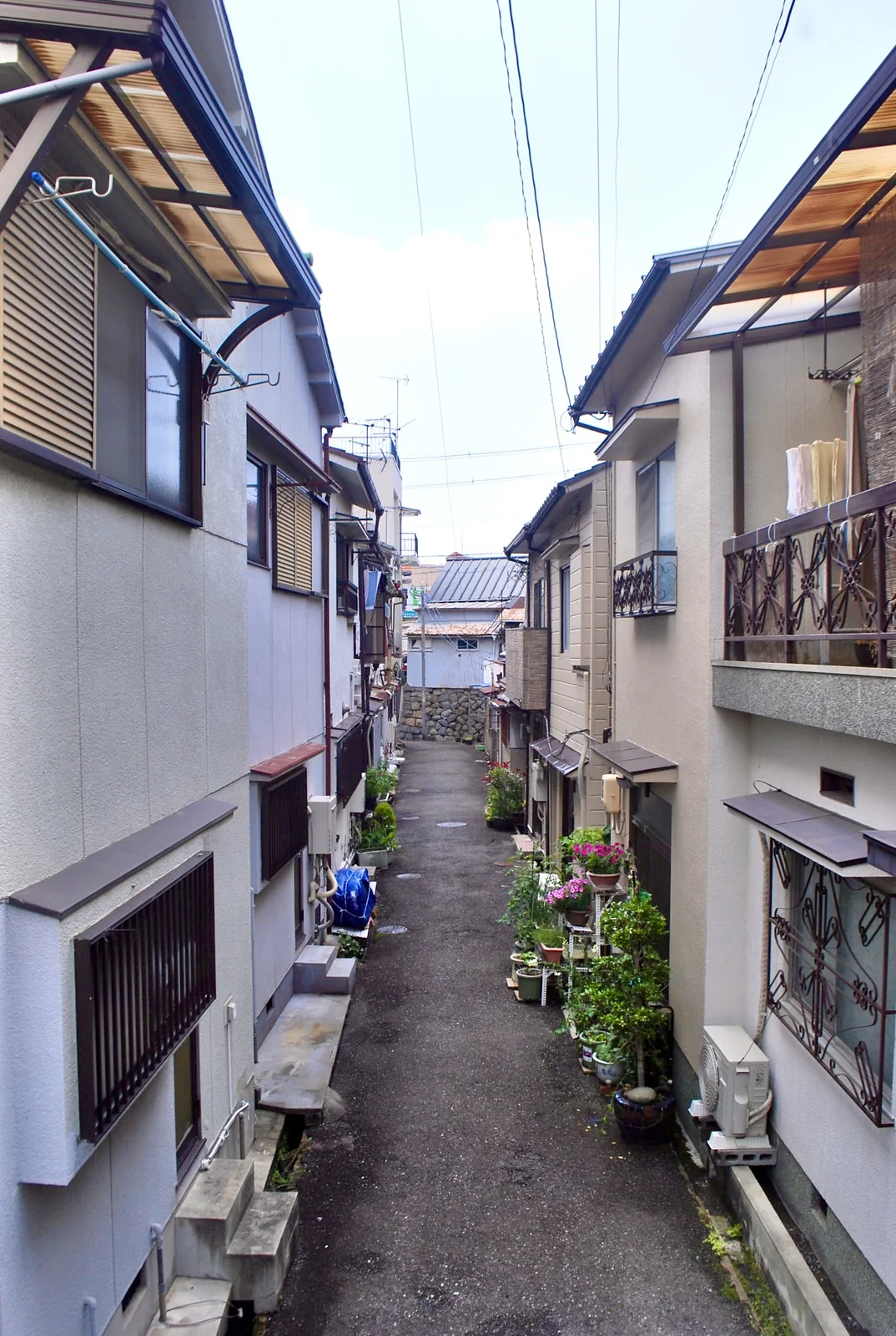 両側に家が迫り、植木鉢が並ぶ細い路地の奥に石垣が見える風景