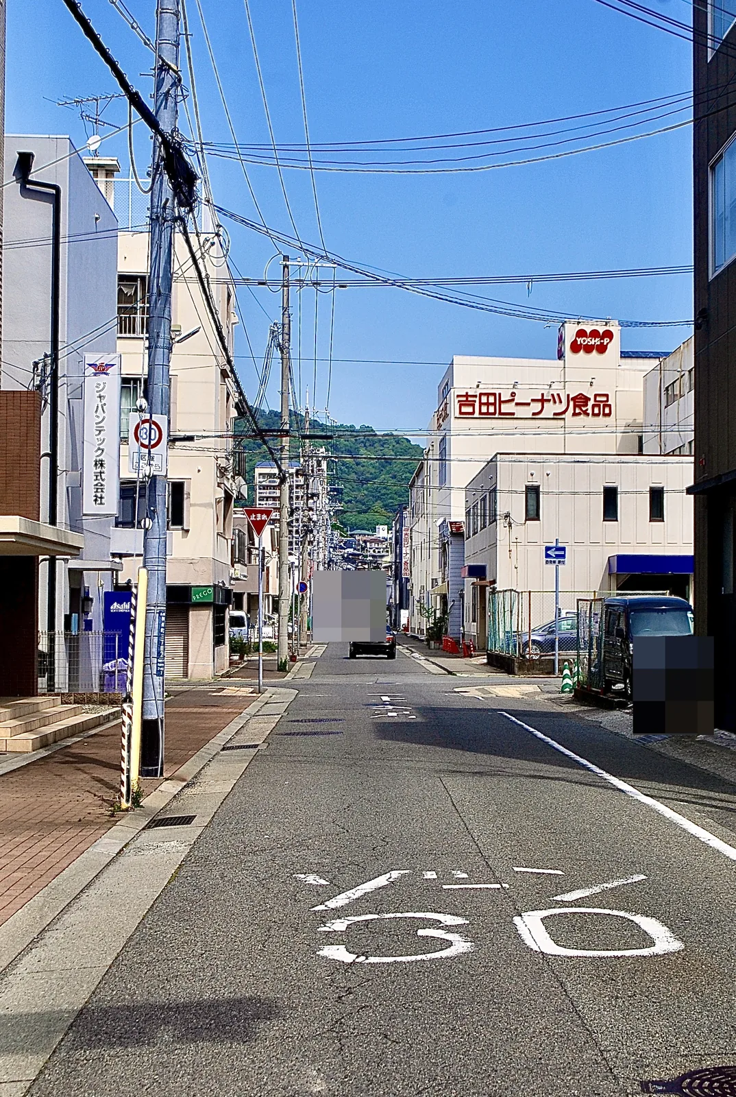 「ゾーン30」の文字の道の先に、山並みと家並みが見える風景