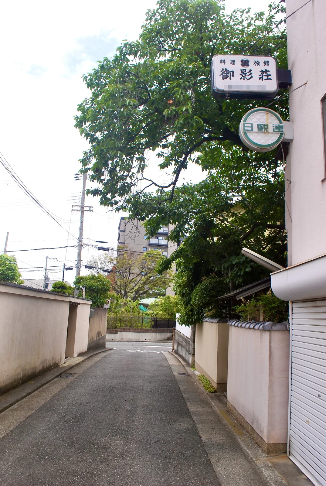 料理旅館の看板と白い塀の続く、静かな住宅街の道