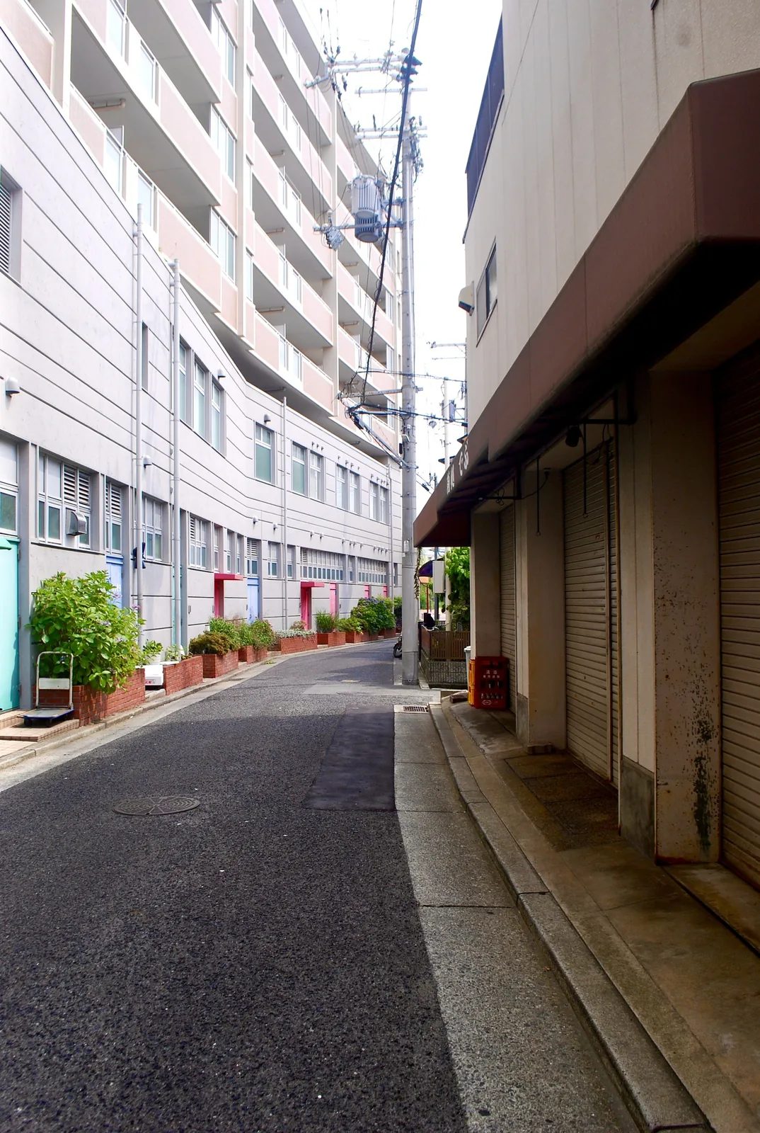 赤いレンガの花壇が並ぶ建物に沿って、カーブして続く道