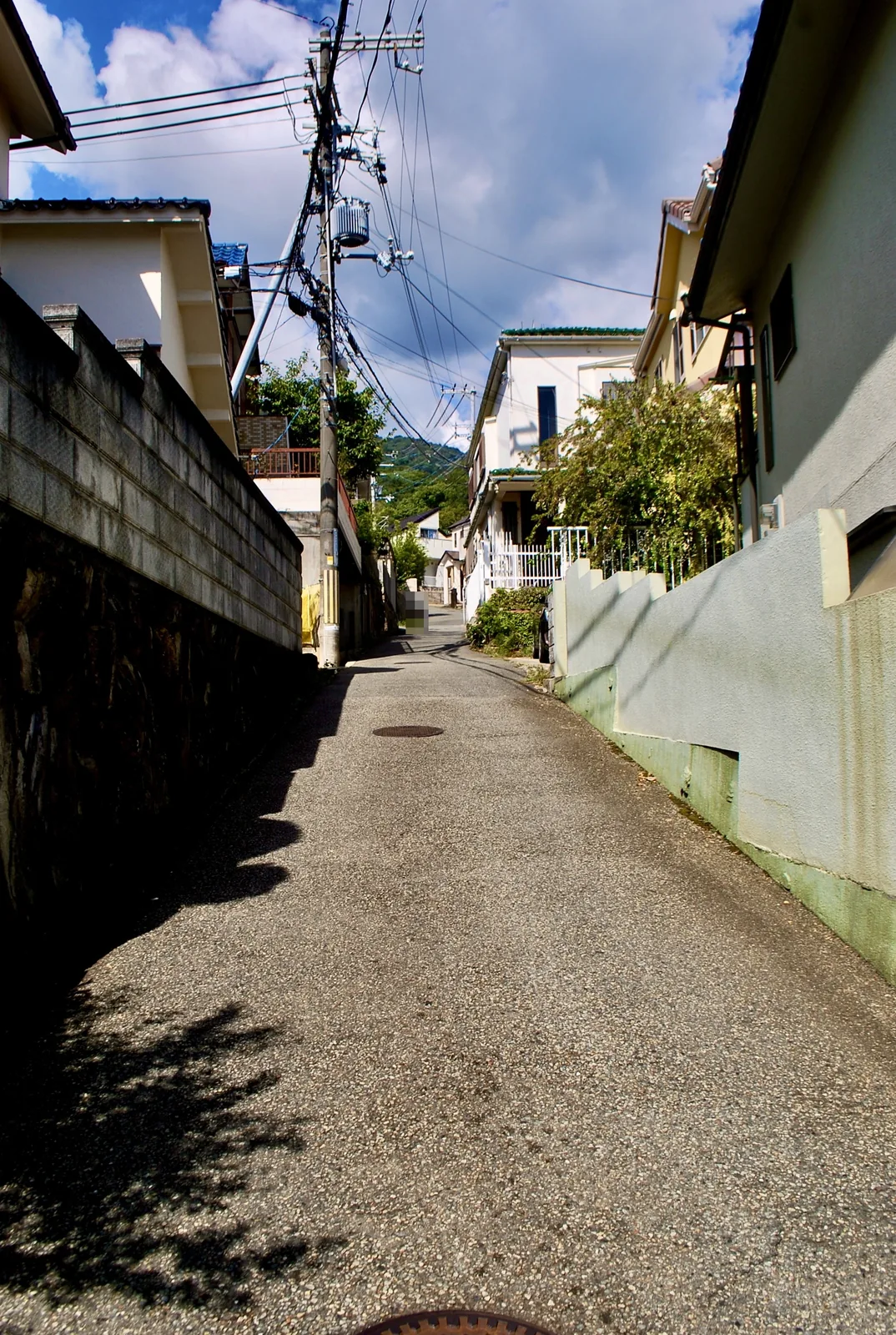 石垣と家のあいだの細い路地の先に、電柱と山が見える風景