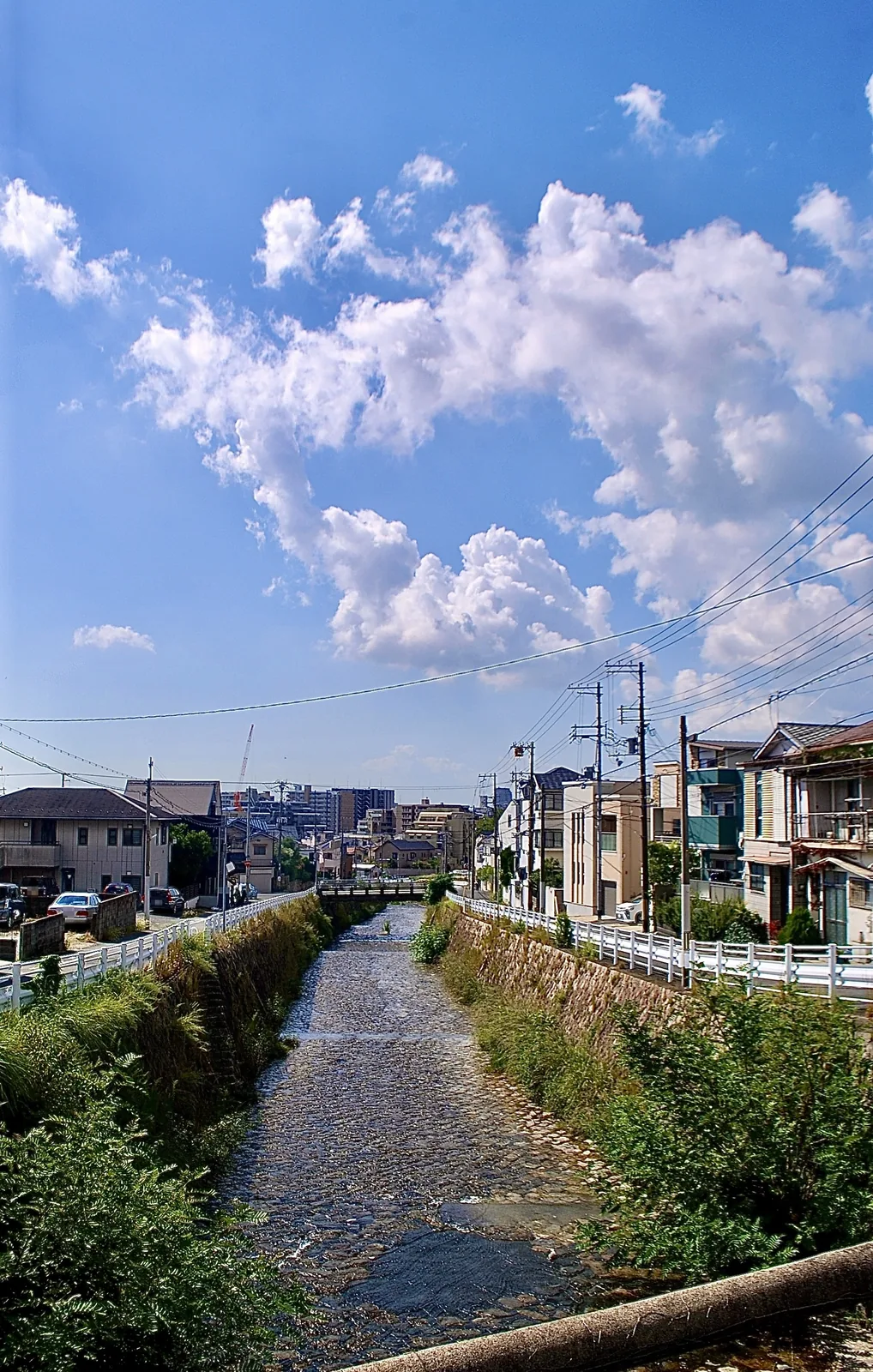 もくもくとした雲の広がる空の下を流れる川