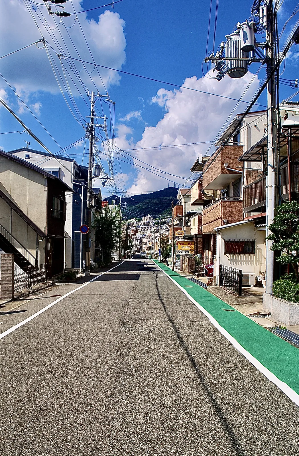 緑色の自転車レーンが、山の見える奥へとまっすぐ続く道