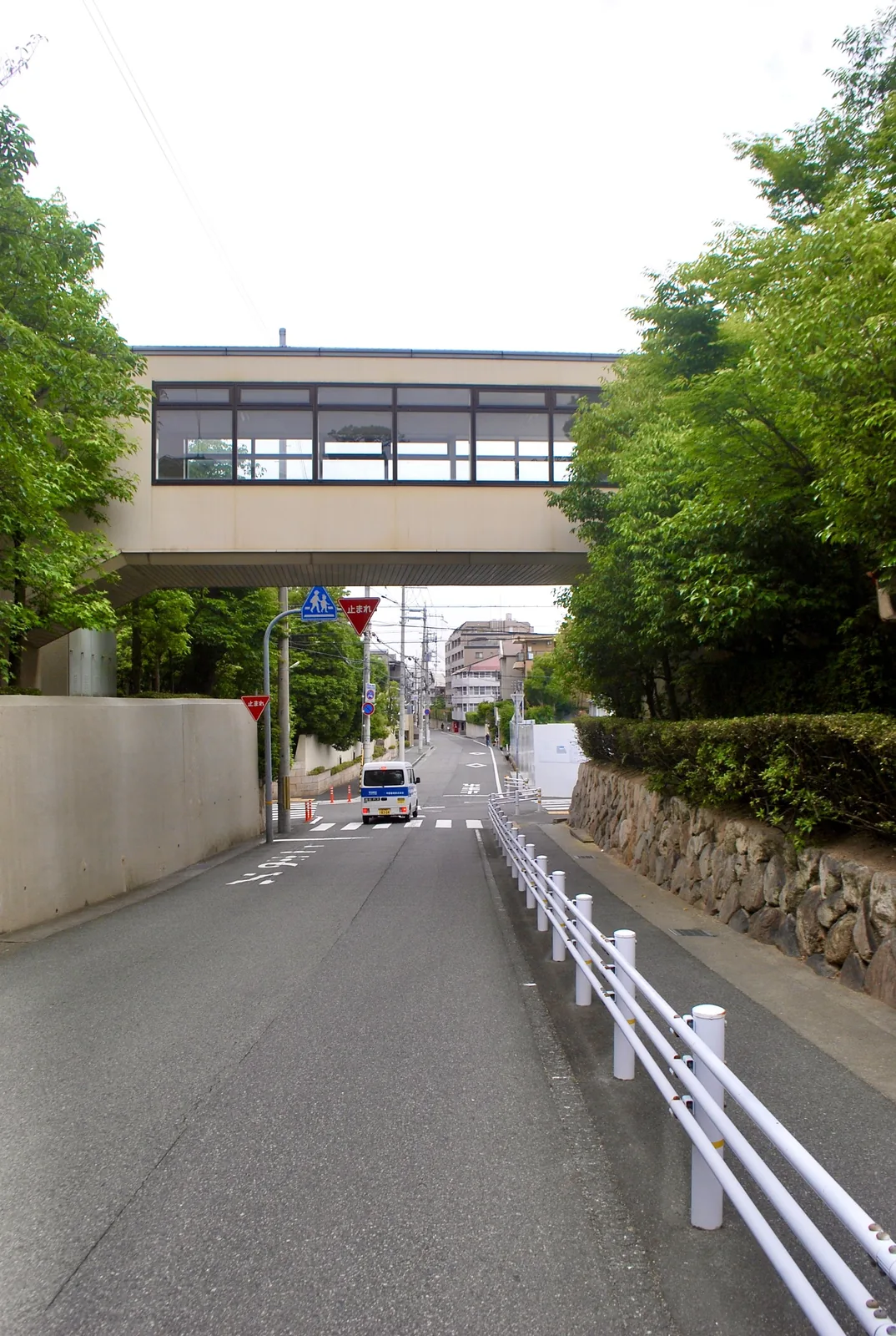 建物をつなぐ渡り廊下の下を、まっすぐ続く道
