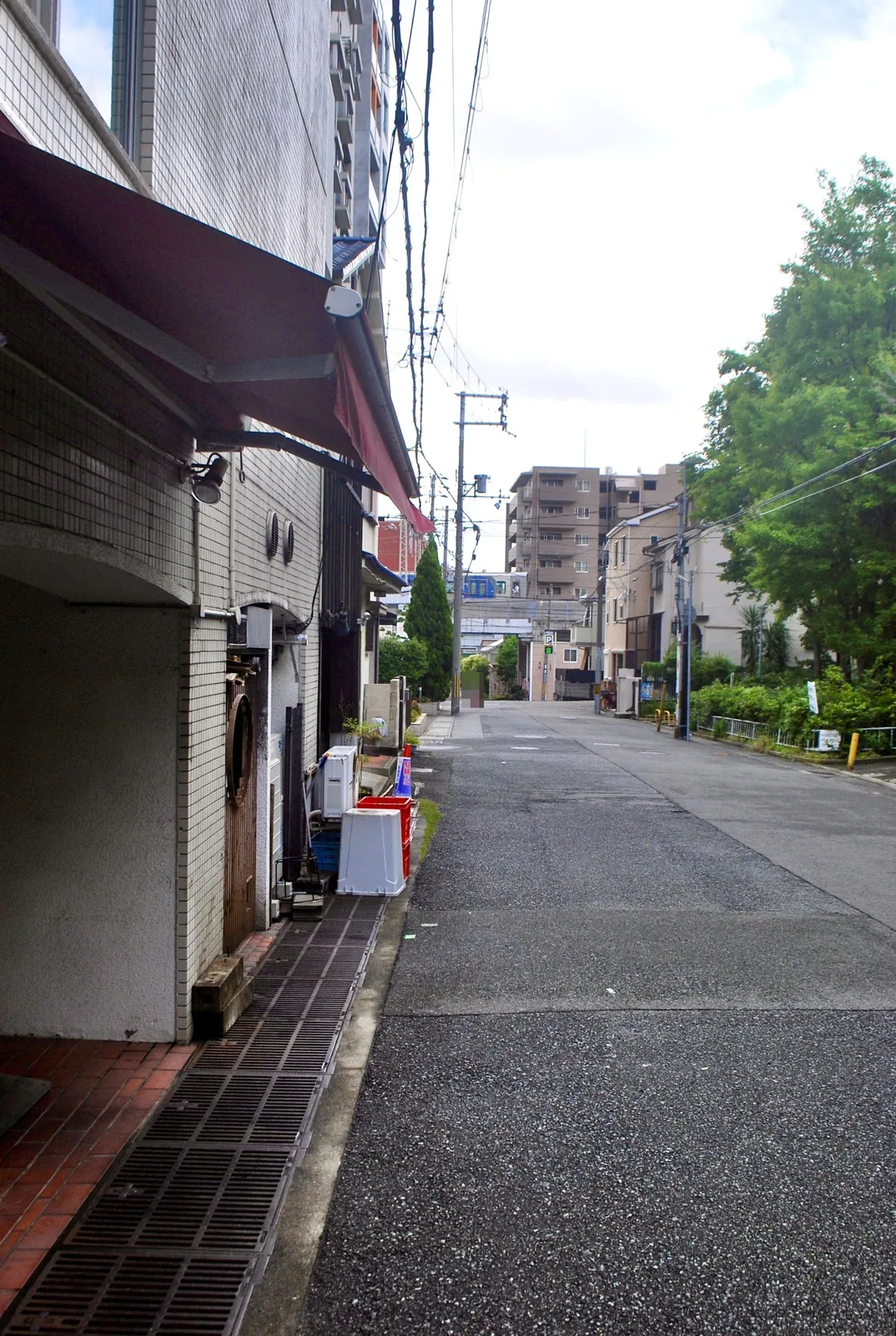 白いタイル張りの店先に沿って、奥の緑へ続く細い道